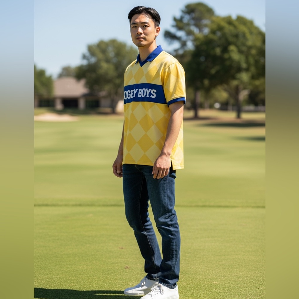 Bogey Boys Men's M‎ Athletic Checkered Polo Shirt Yellow Blue New 9822